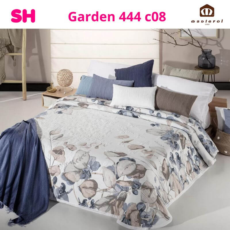 Garden 444 c08 Alive Dibujo Floral Colcha Cubrecama Jacquard Azul y Beige de 150 cm